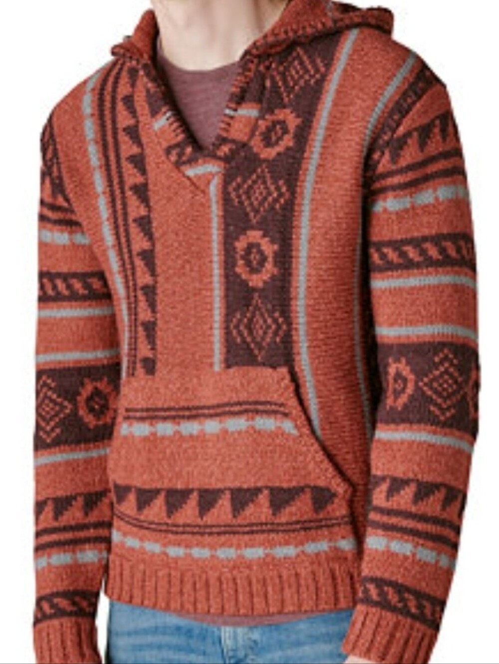 Lucky Brand L Terra Cotta Southwestern Wool Blend Knit Baja Hoodie Sweater Large